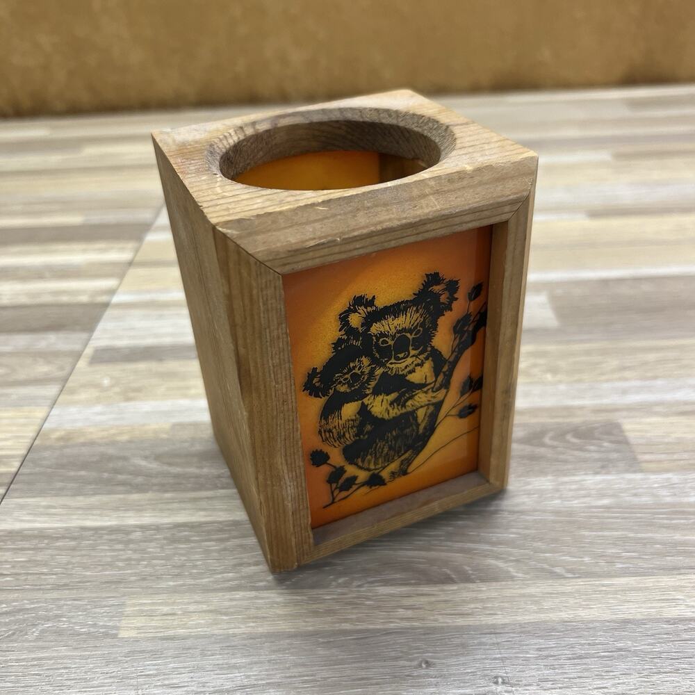 VTG 70s Koala Bear Candle Holder Wood Glass Three Bears Dallas Texas - 2S613